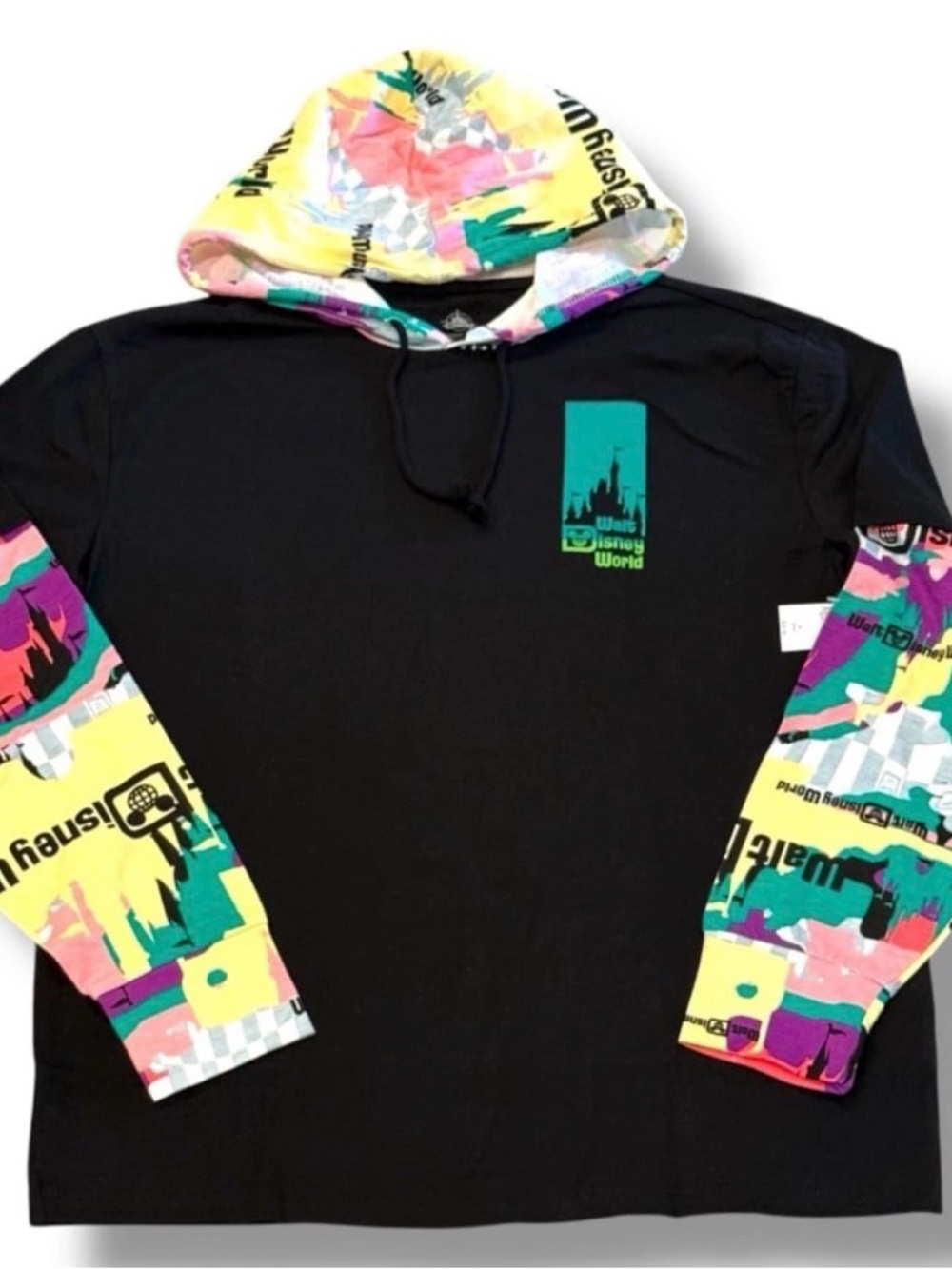 Walt Disney World Black Hoodie with Colorful Graphic Sleeves & Hoodie